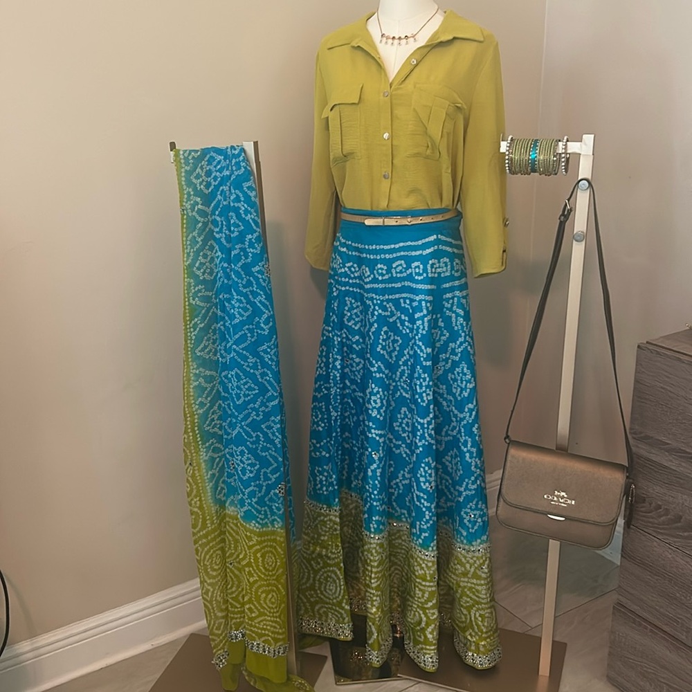 Blue and Green Bandhini Lehenga Choli